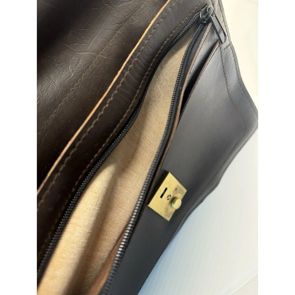 VTG Brown Leather Briefcase Gold Tone Lock & Key 12x8 Slim Portfolio Attache Bag